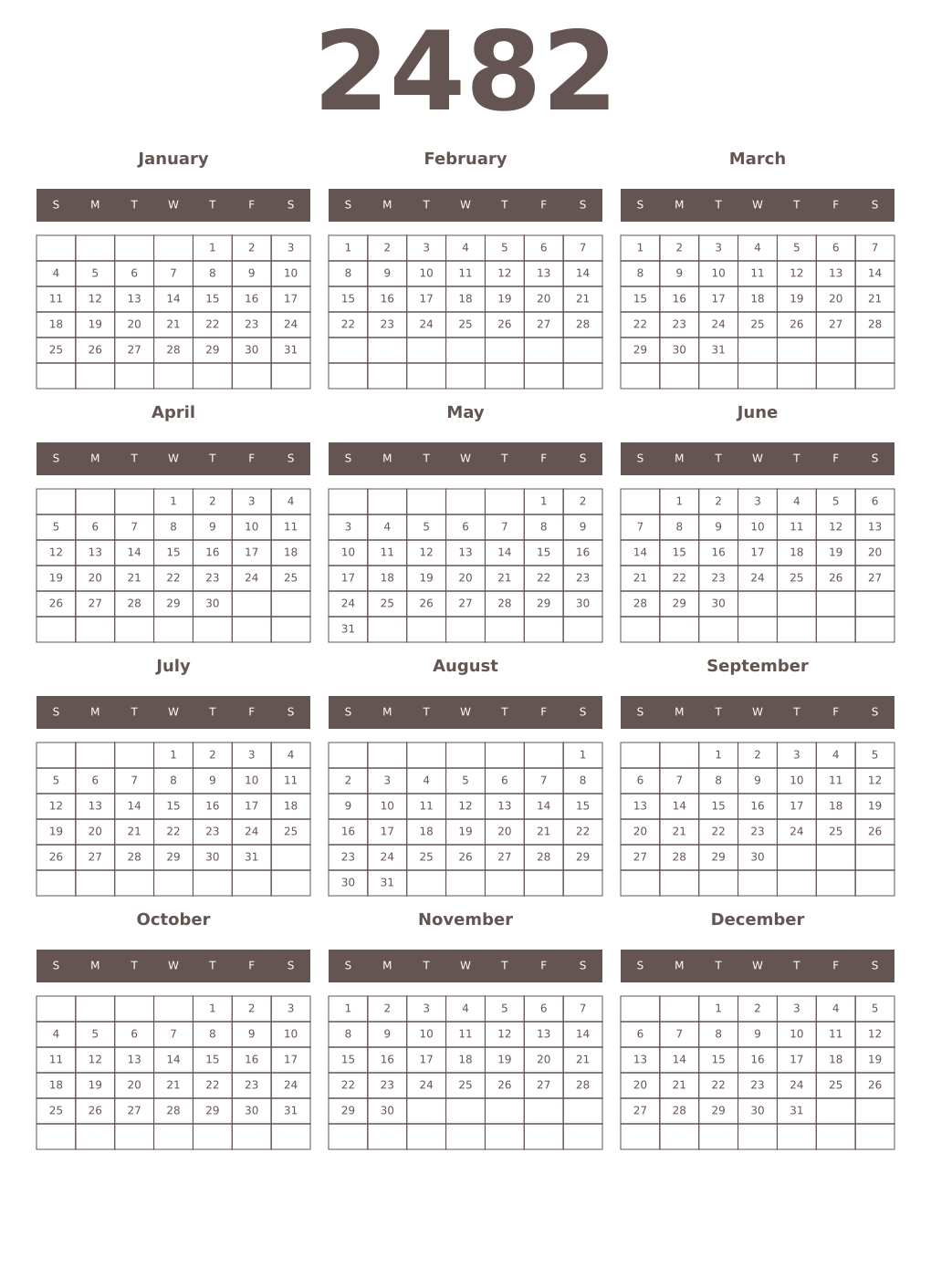 Printable 2482 Year Calendars wenge