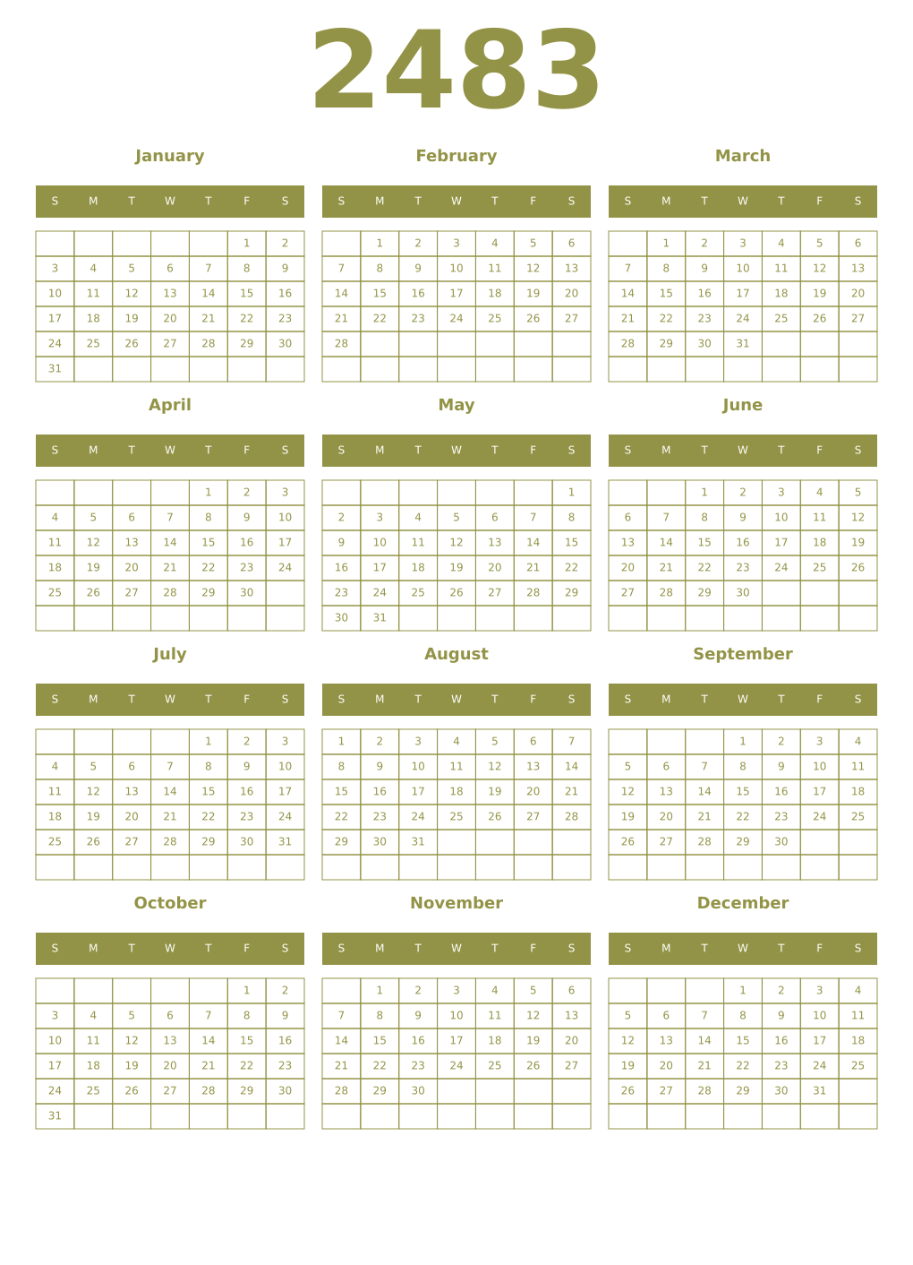 Printable 2483 Year Calendars eburnean