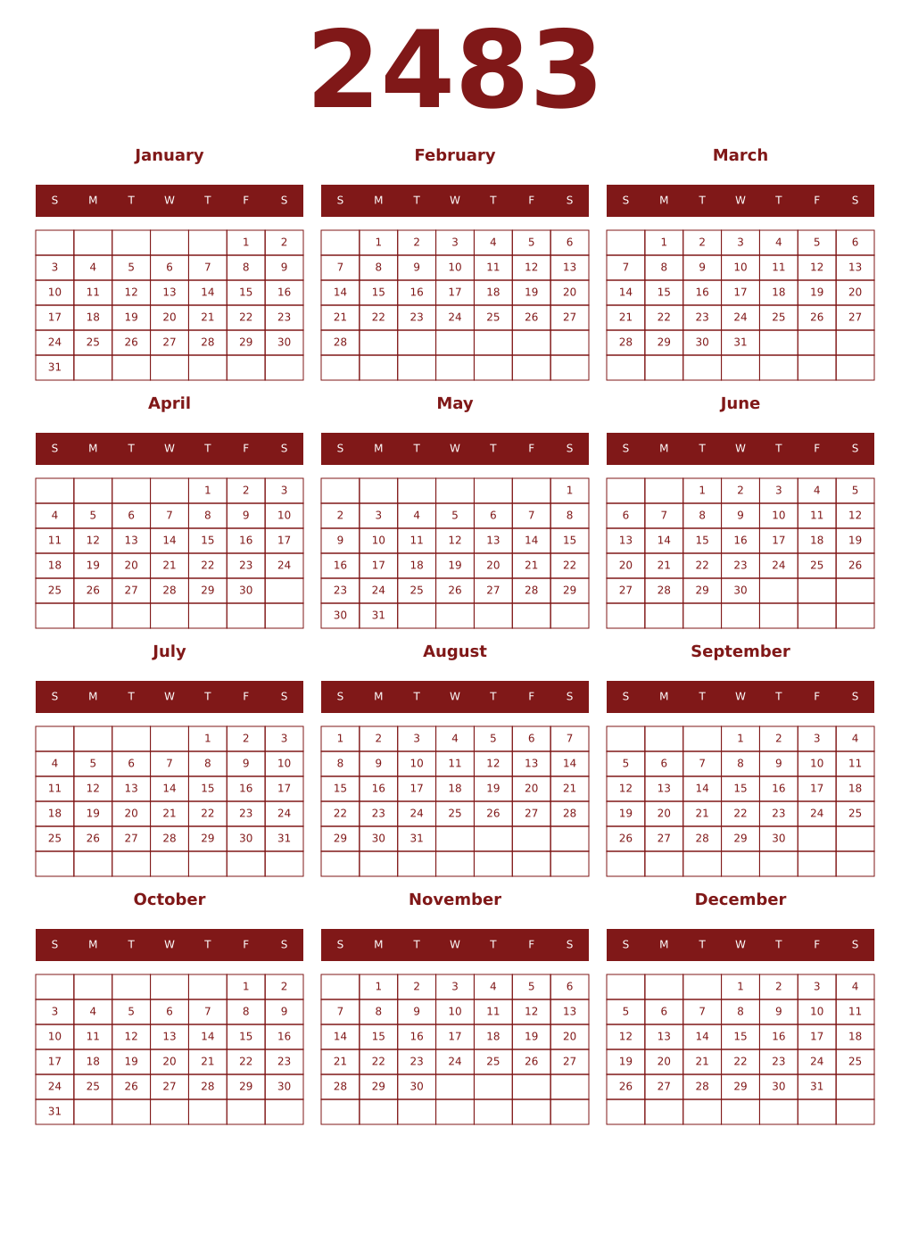 Printable 2483 Year Calendars falu