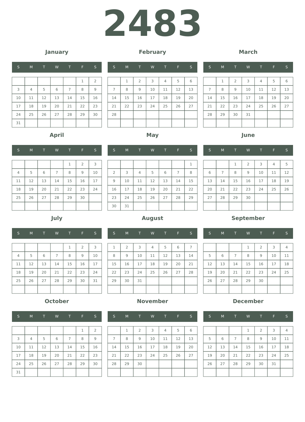 Printable 2483 Year Calendars feldgrau