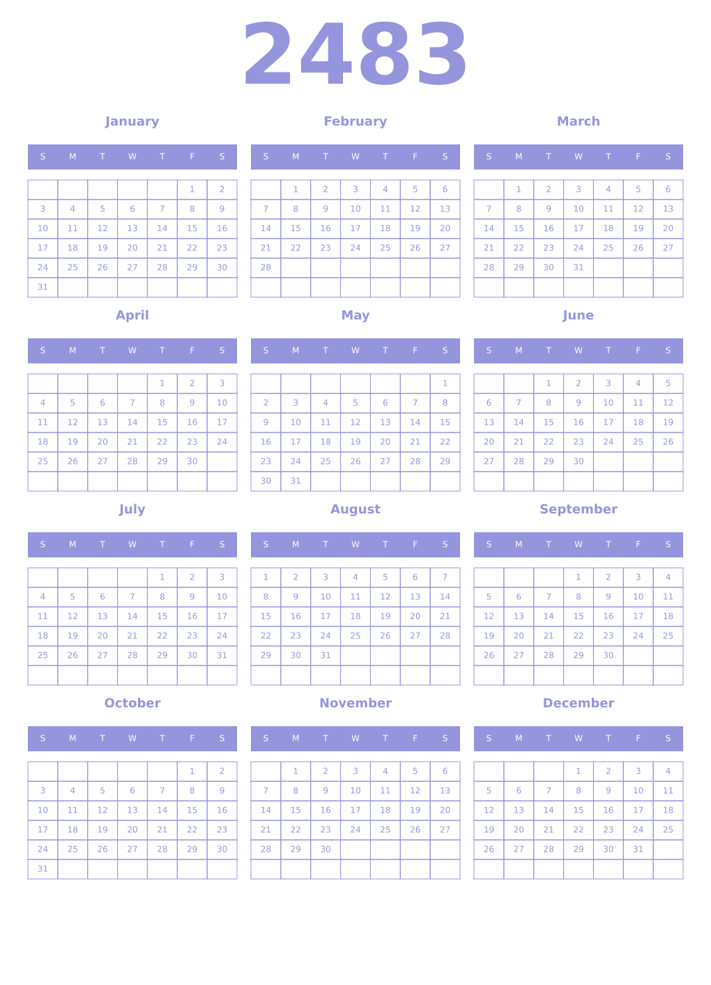 Printable 2483 Year Calendars periwinkle