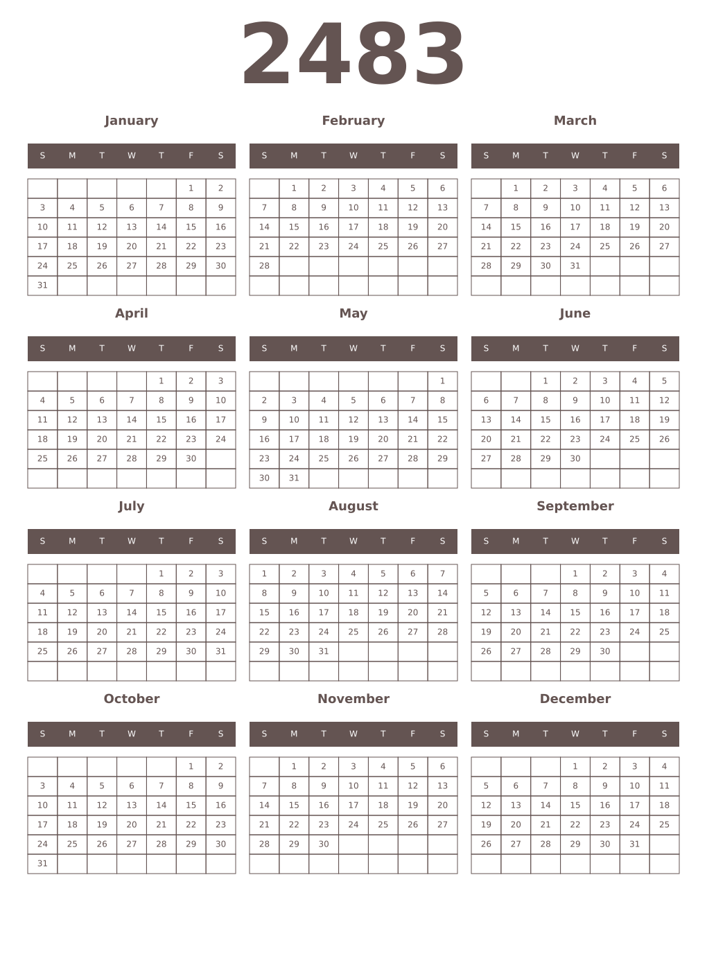 Printable 2483 Year Calendars wenge