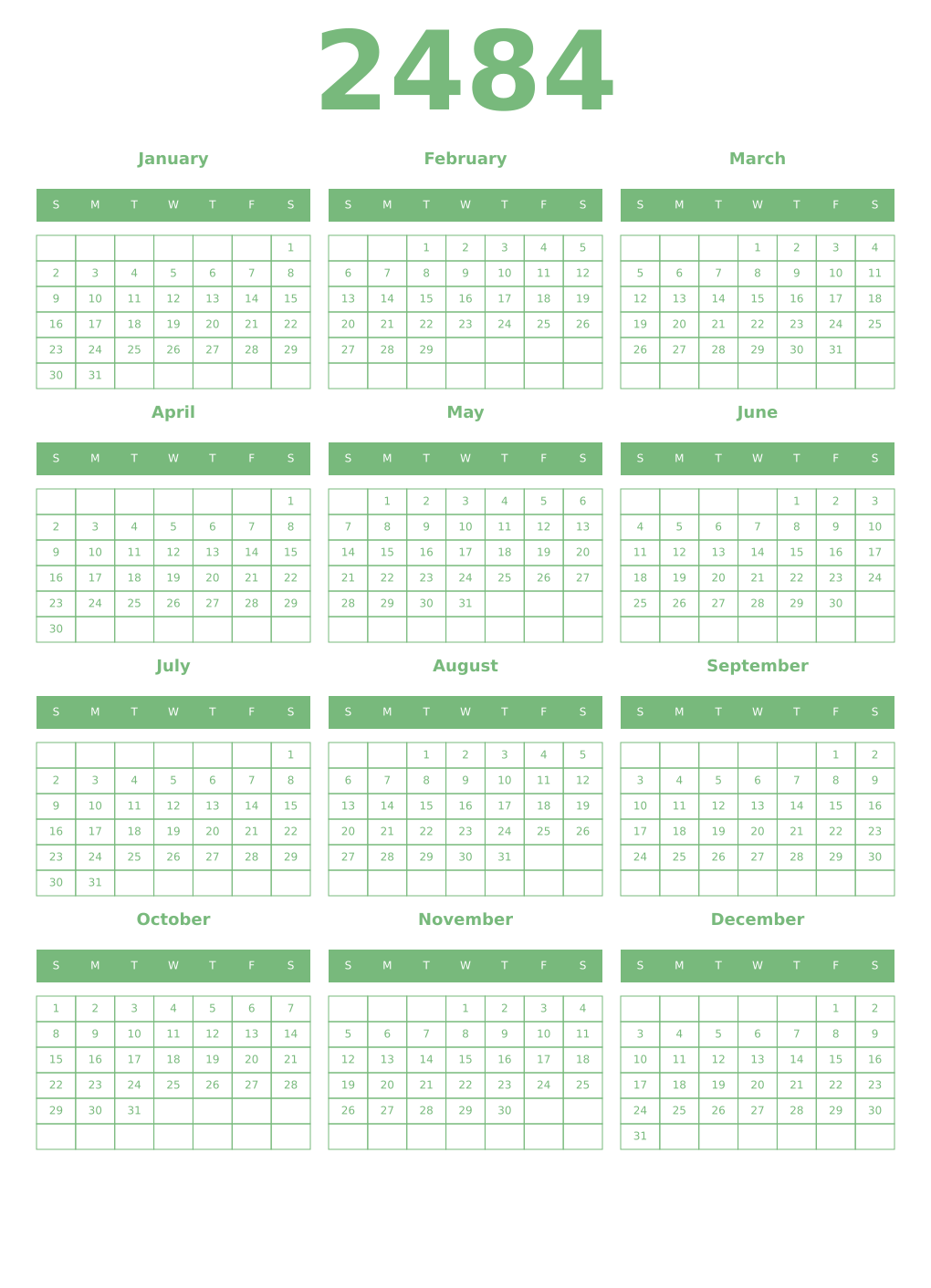 Printable 2484 Year Calendars celadon