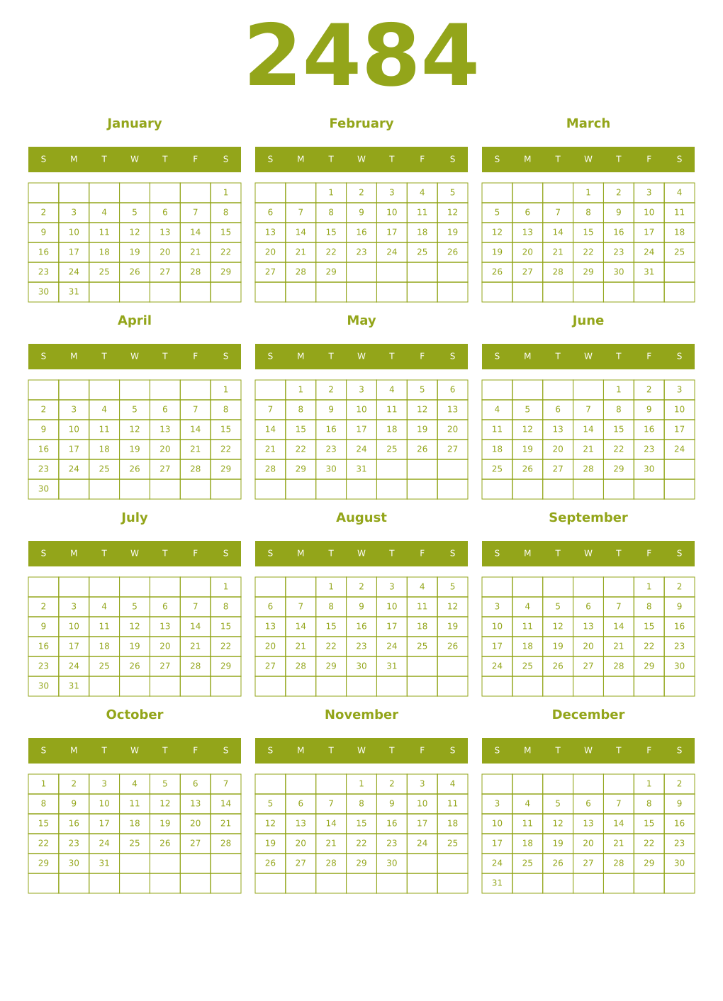 Printable 2484 Year Calendars chartreuse