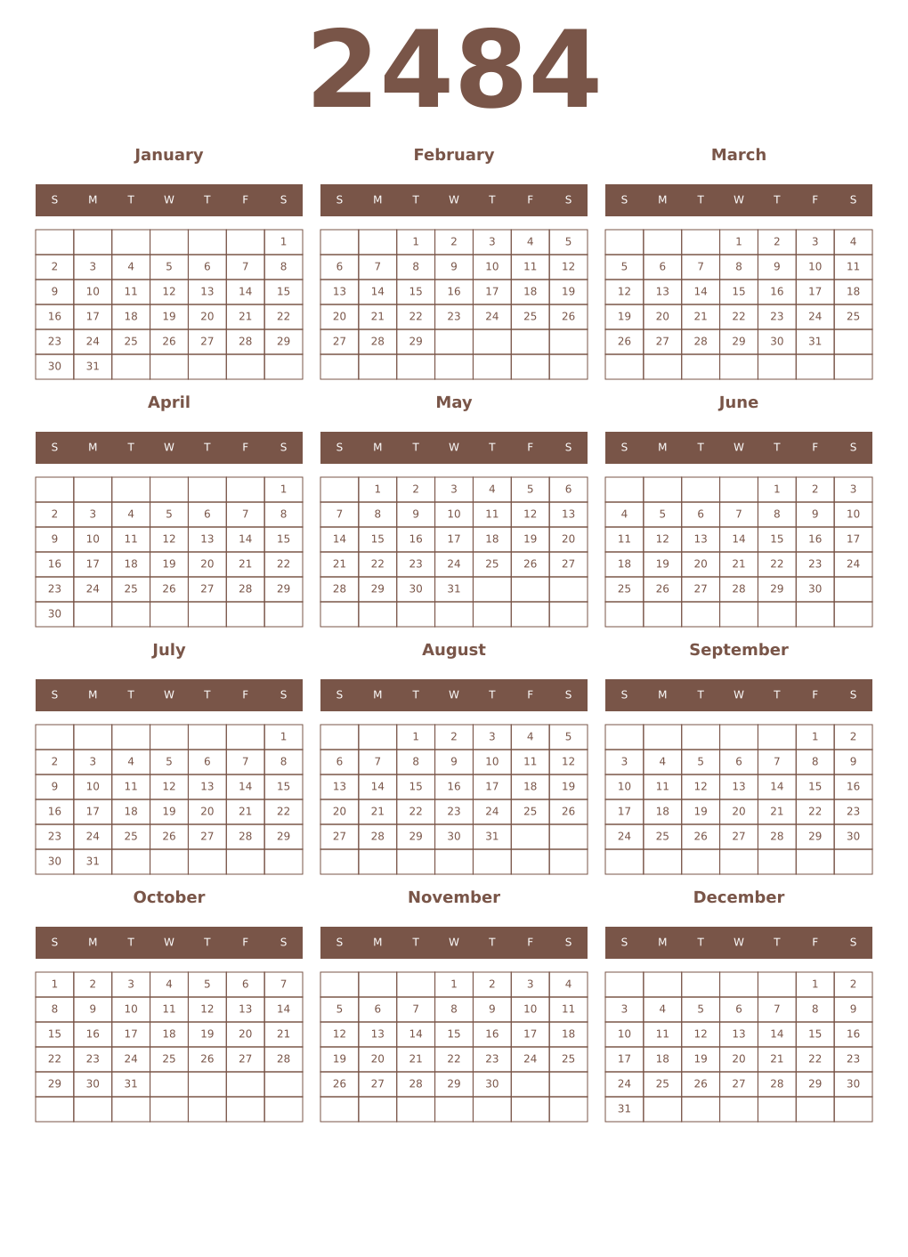 Printable 2484 Year Calendars coffe