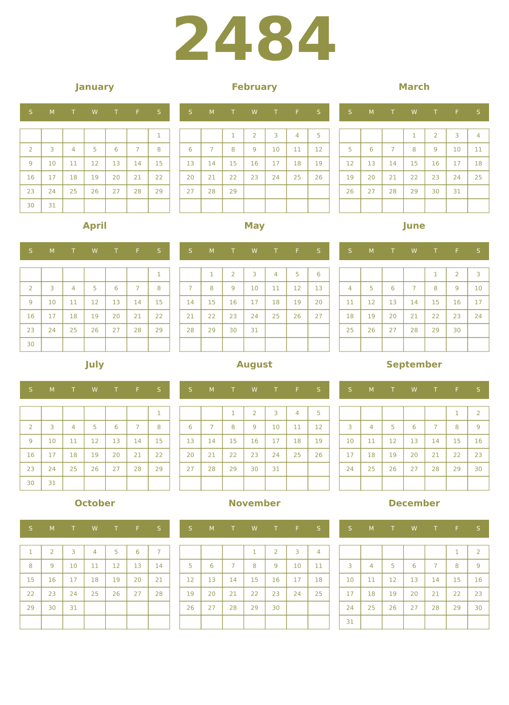 Printable 2484 Year Calendars eburnean