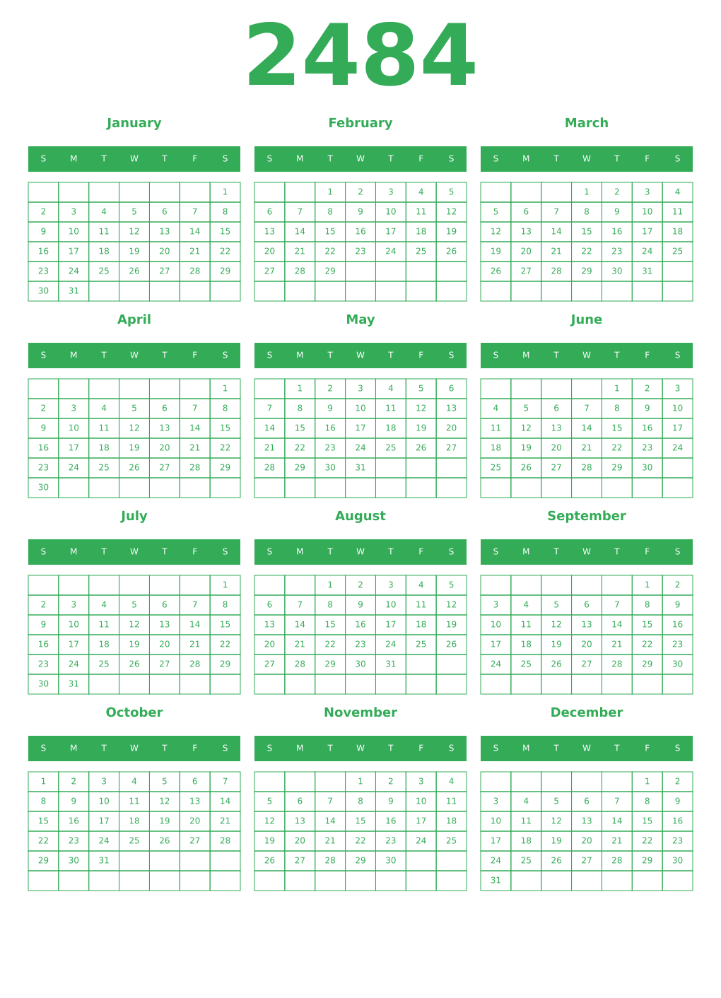 Printable 2484 Year Calendars green