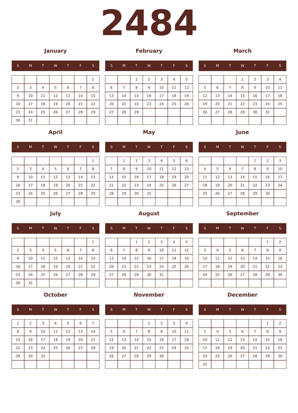 Printable 2484 Year Calendars mortuum