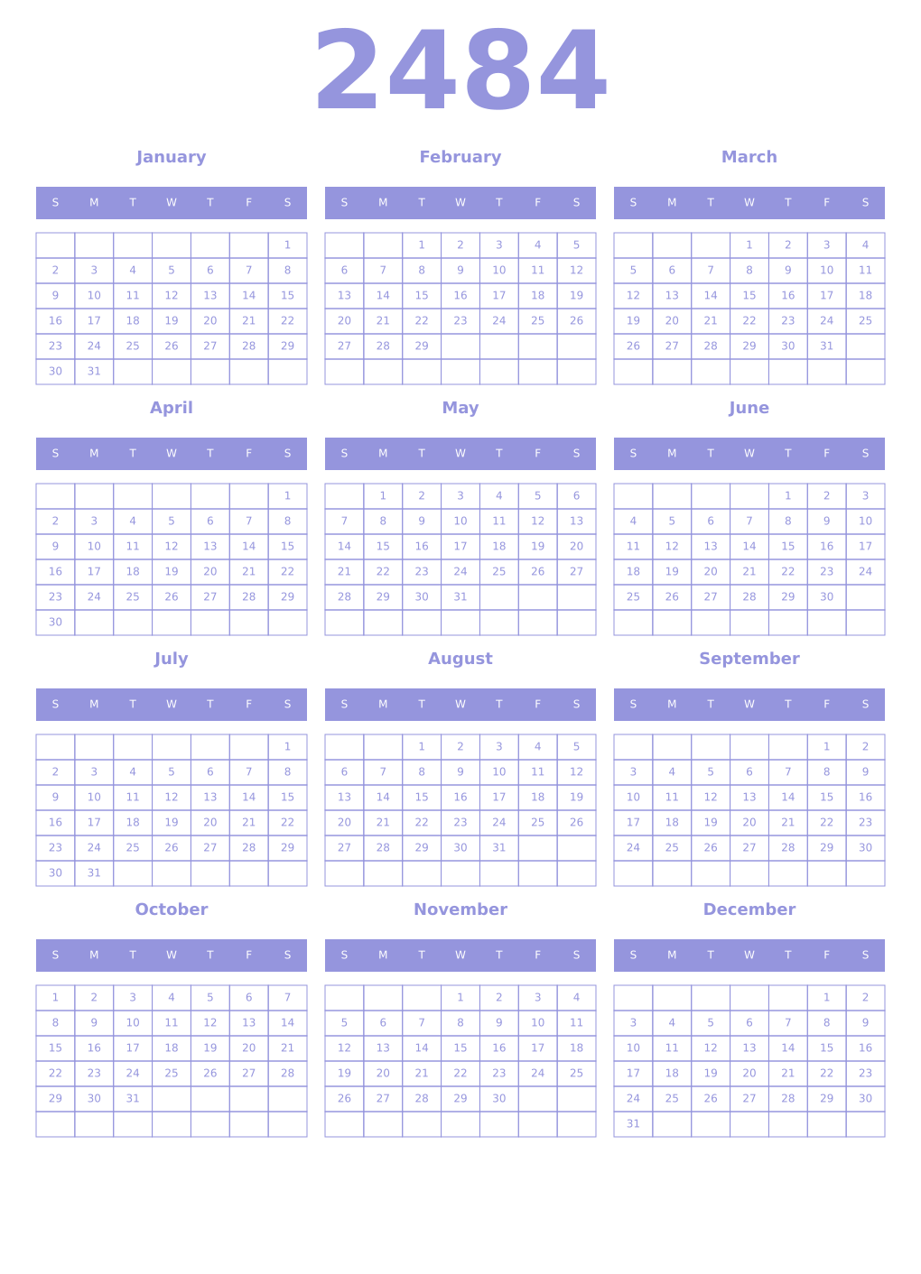 Printable 2484 Year Calendars periwinkle