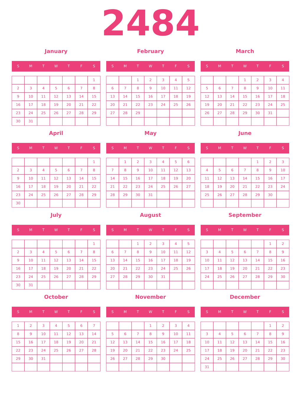 Printable 2484 Year Calendars pink
