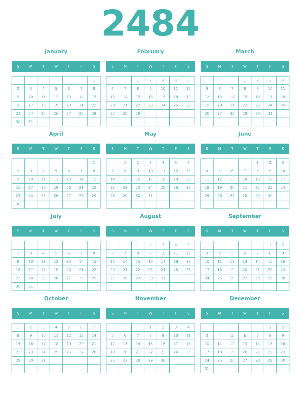 Printable 2484 Year Calendars verdigris