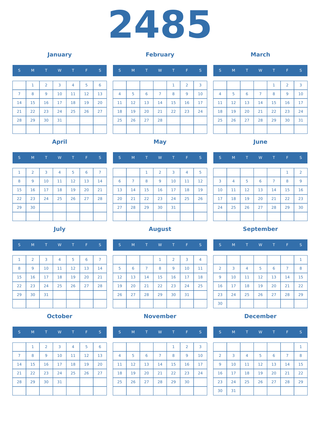 Printable 2485 Year Calendars blue