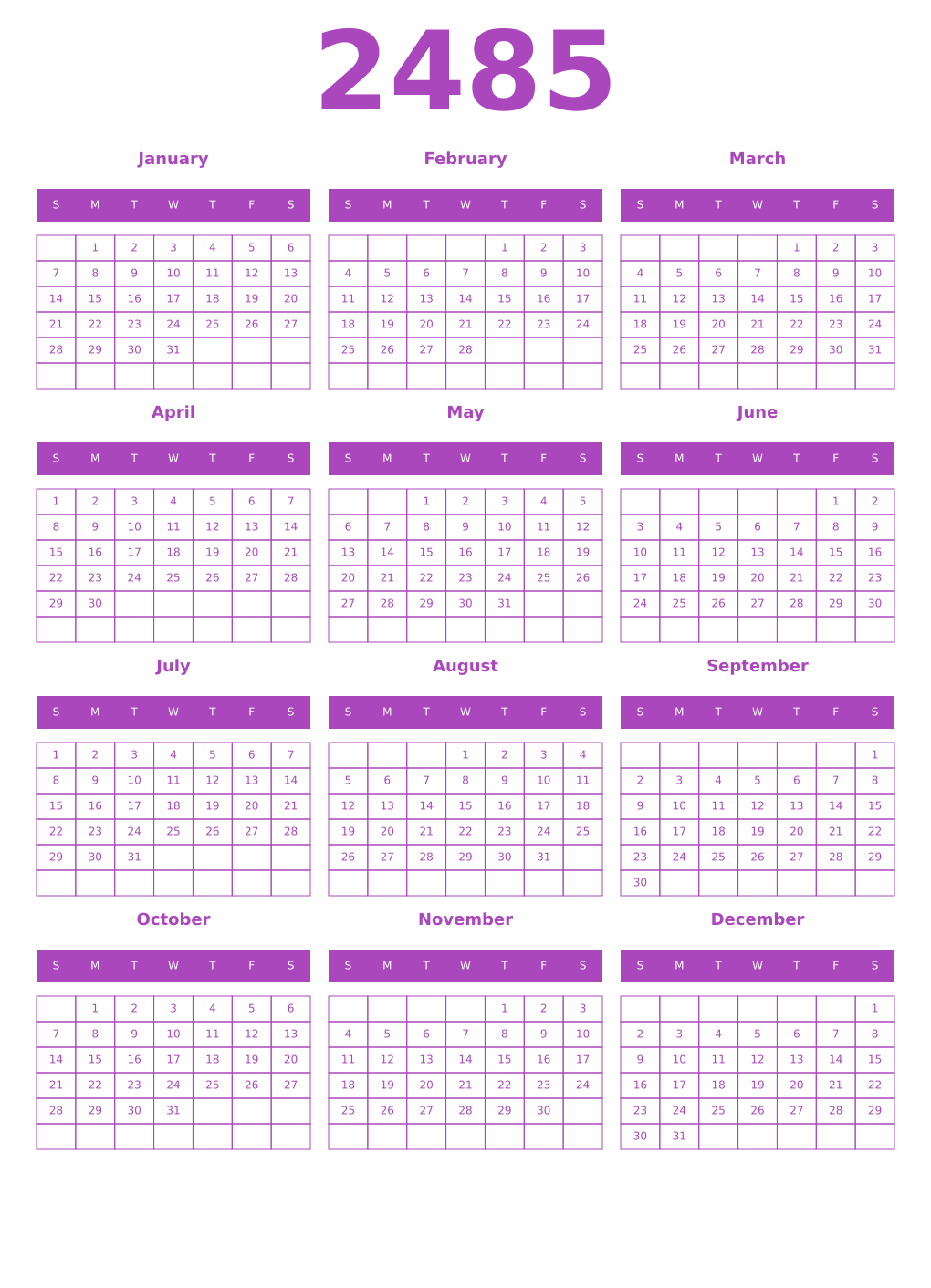 Printable 2485 Year Calendars purple
