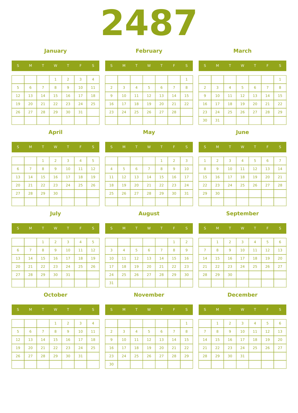 Printable 2487 Year Calendars chartreuse