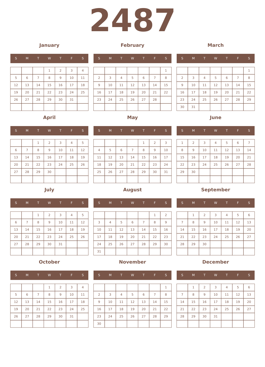 Printable 2487 Year Calendars coffe