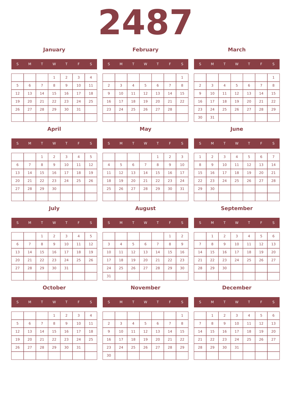 Printable 2487 Year Calendars cordovan