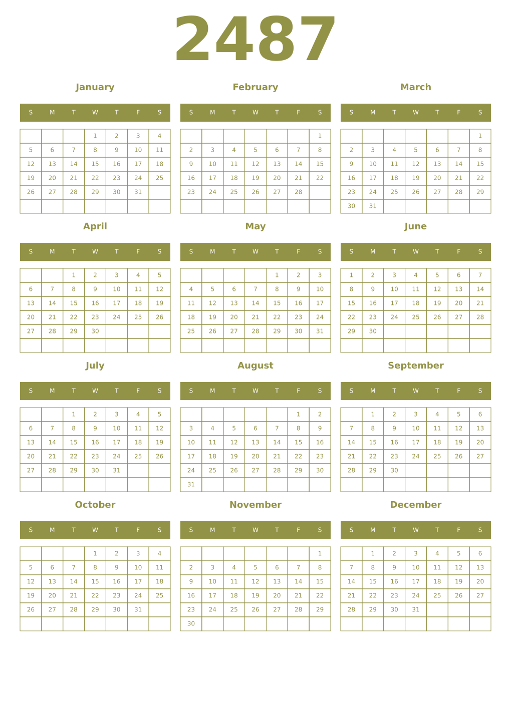 Printable 2487 Year Calendars eburnean