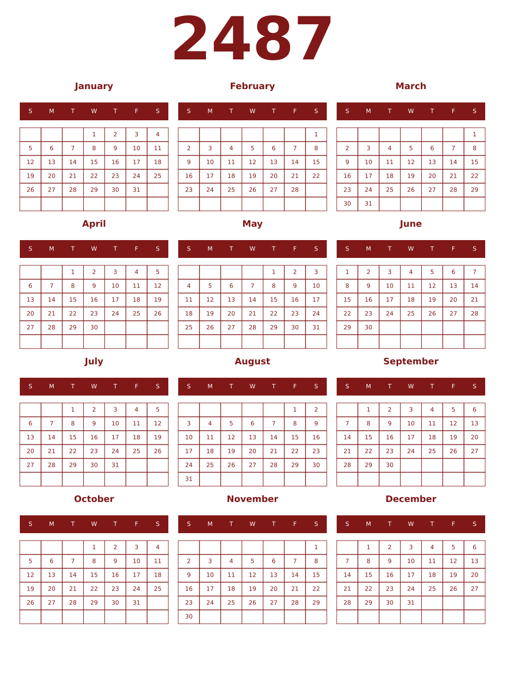 Printable 2487 Year Calendars falu