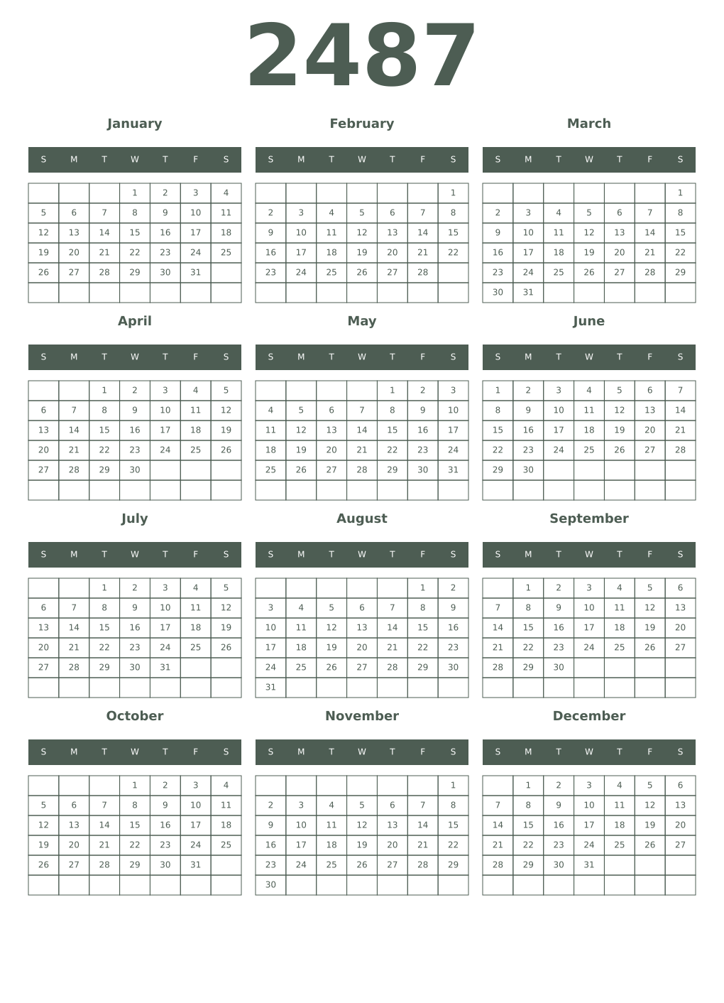 Printable 2487 Year Calendars feldgrau