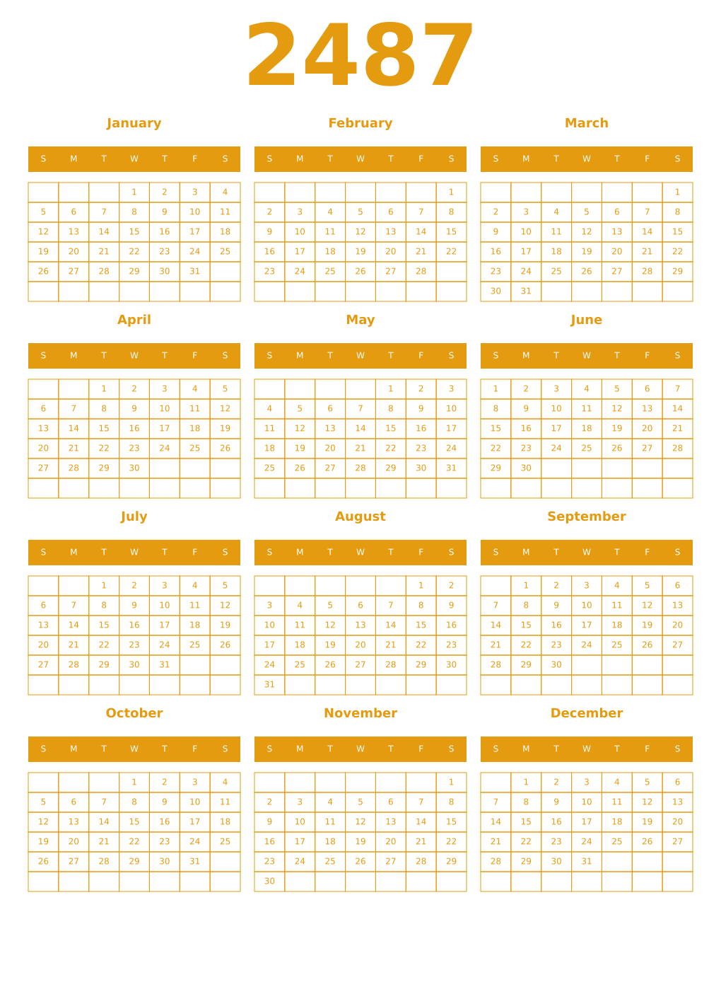 Printable 2487 Year Calendars gamboge