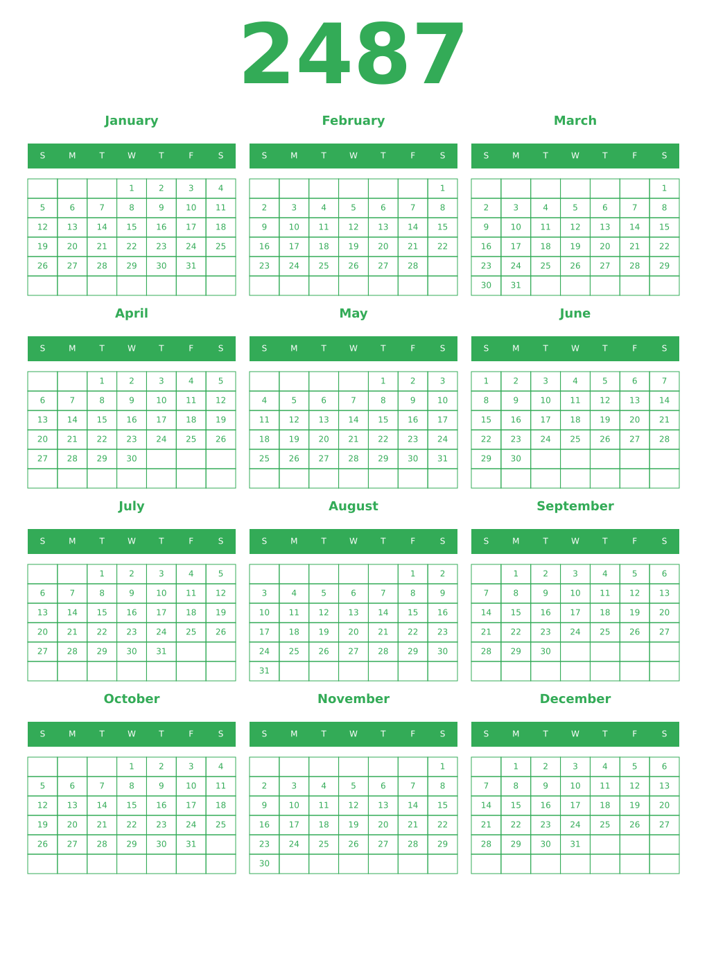Printable 2487 Year Calendars green