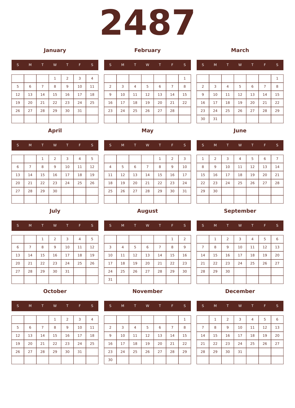 Printable 2487 Year Calendars mortuum