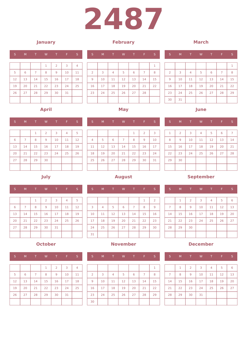 Printable 2487 Year Calendars puce