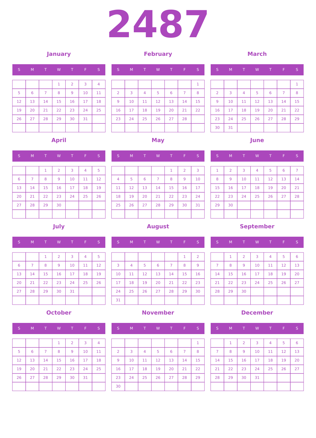 Printable 2487 Year Calendars purple
