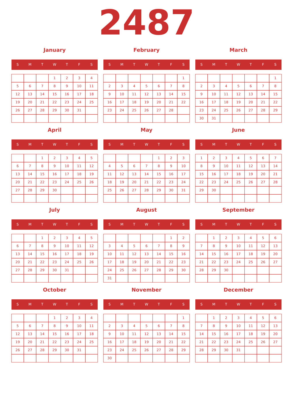 Printable 2487 Year Calendars red