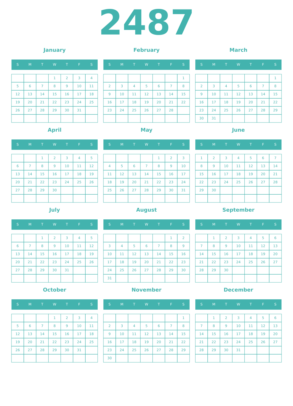Printable 2487 Year Calendars verdigris
