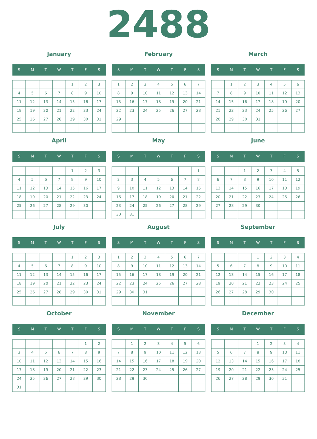 Printable 2488 Year Calendars viridian
