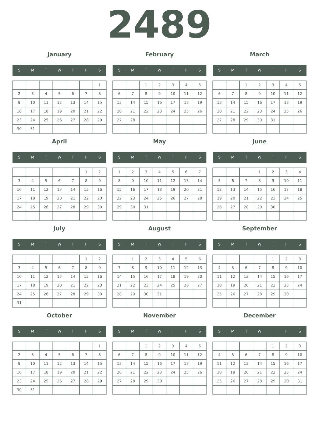 Printable 2489 Year Calendars feldgrau