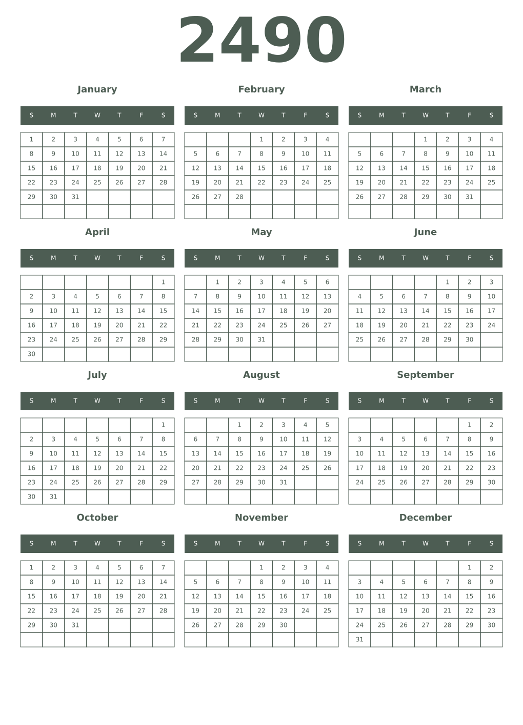 Printable 2490 Year Calendars feldgrau