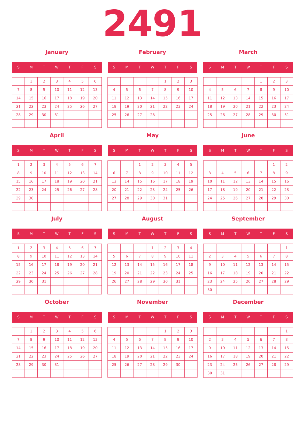 Printable 2491 Year Calendars amaranth