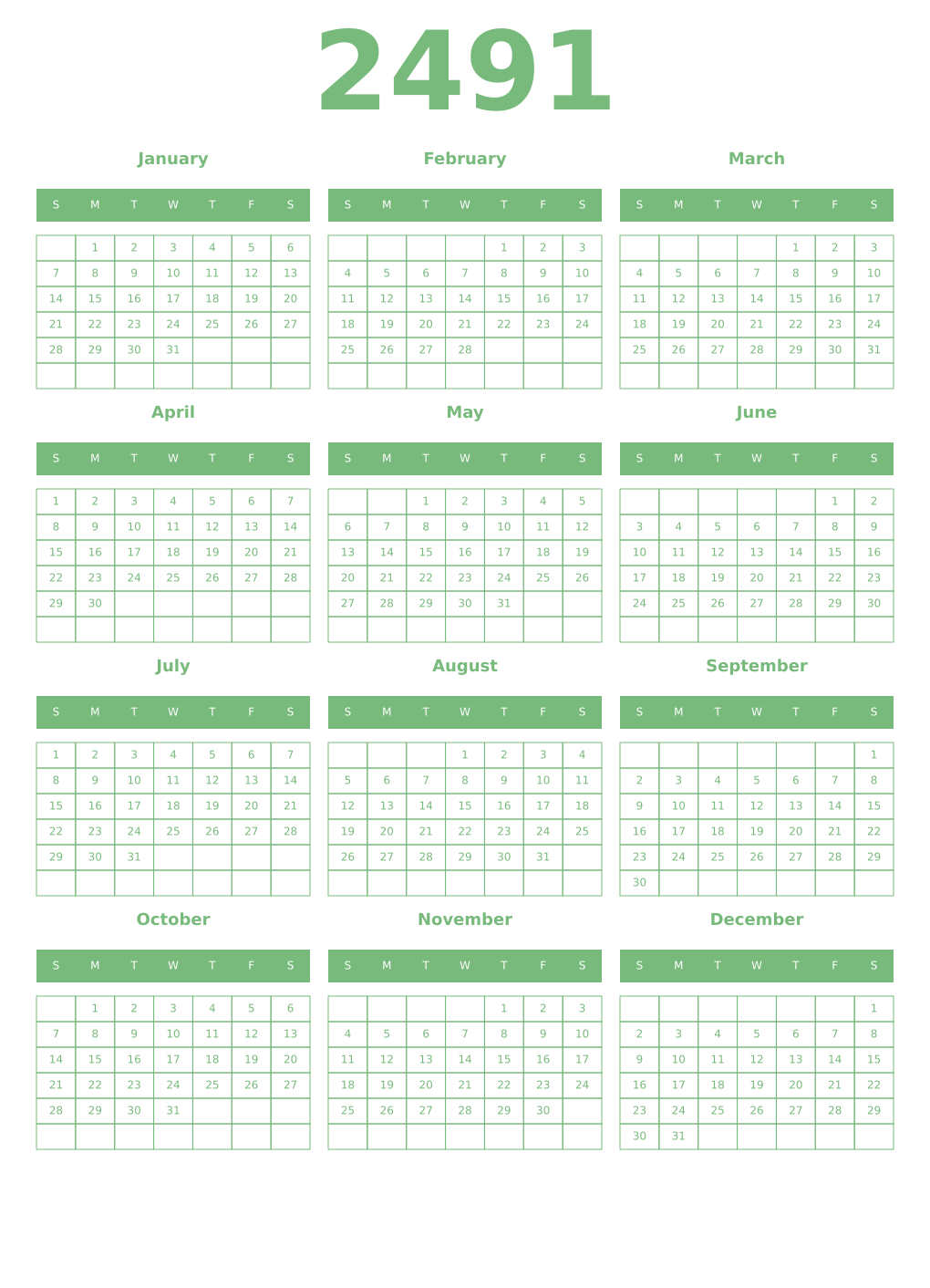 Printable 2491 Year Calendars celadon