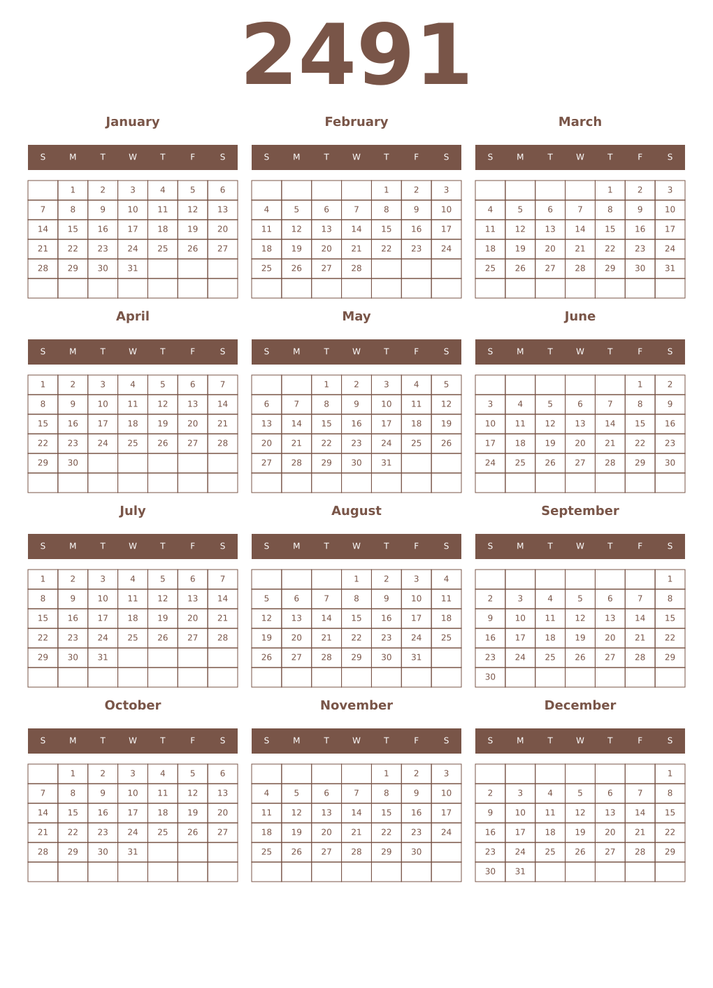 Printable 2491 Year Calendars coffe