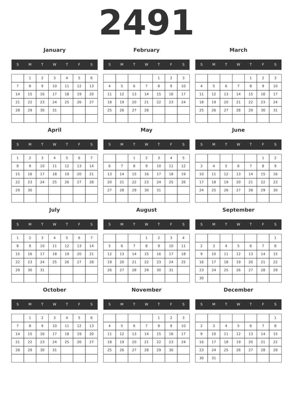 Printable 2491 Year Calendars dark