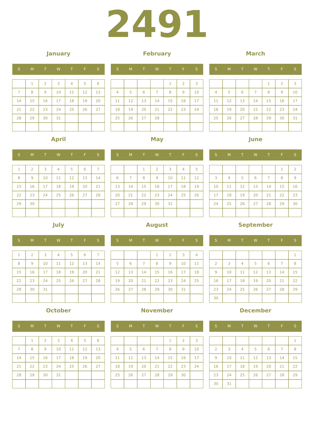 Printable 2491 Year Calendars eburnean