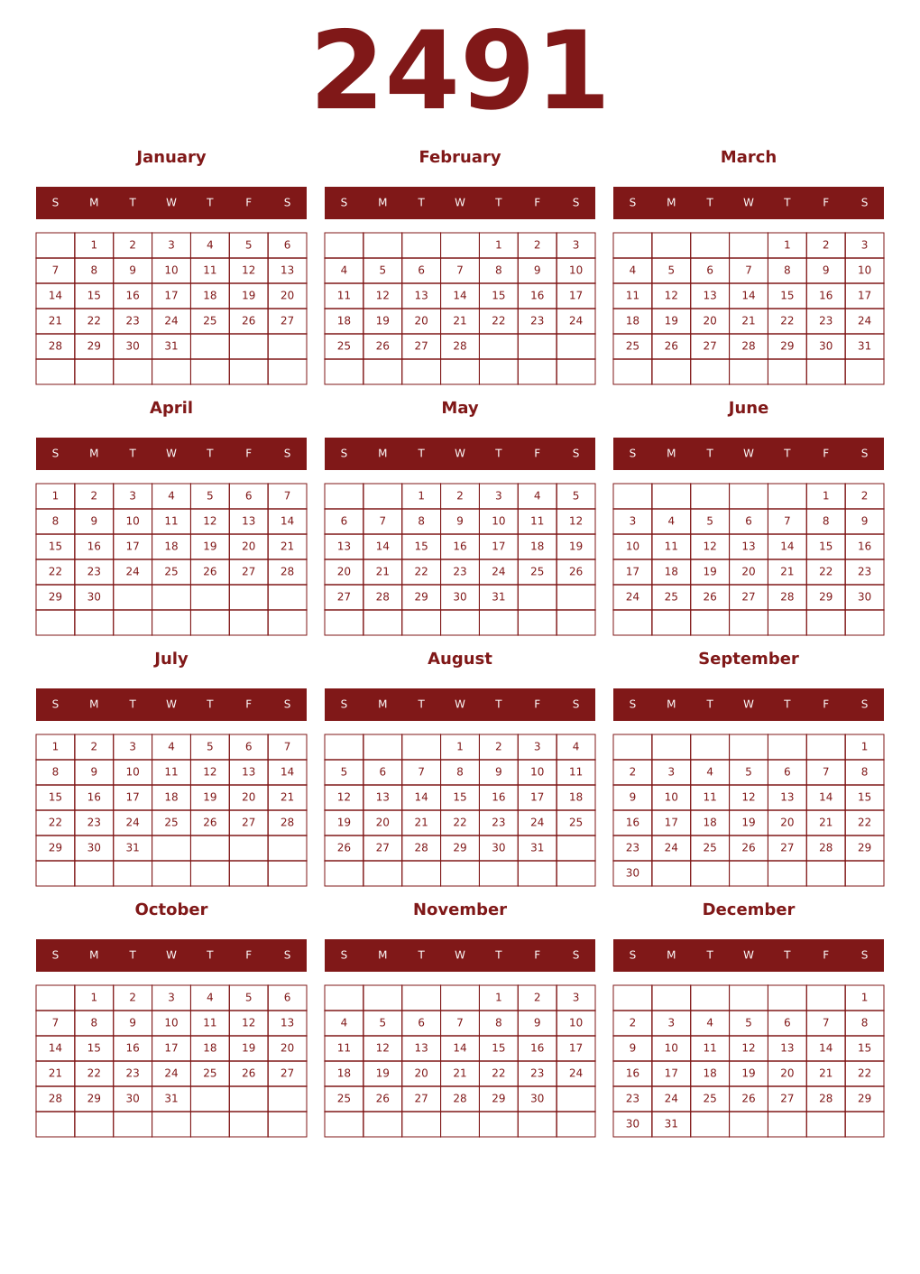 Printable 2491 Year Calendars falu