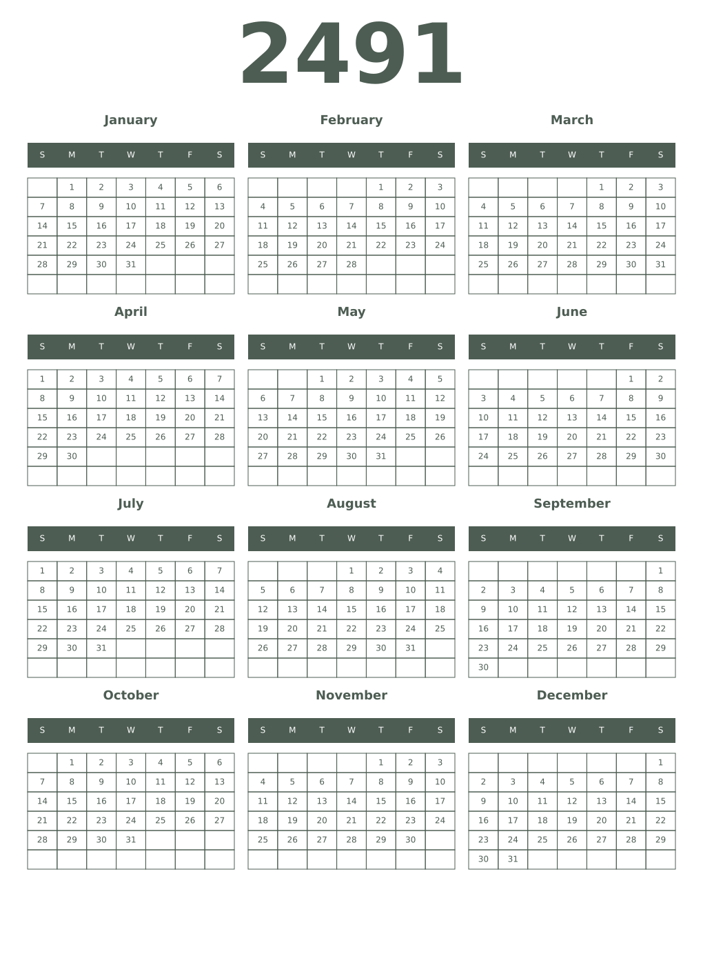 Printable 2491 Year Calendars feldgrau