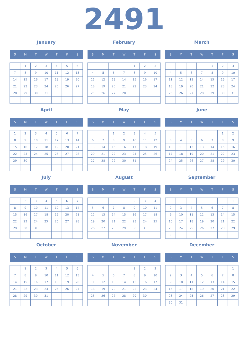 Printable 2491 Year Calendars glaucous