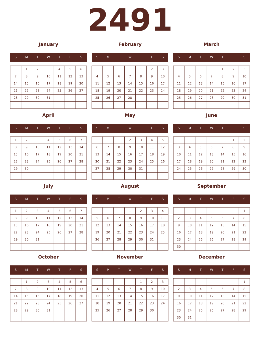 Printable 2491 Year Calendars mortuum