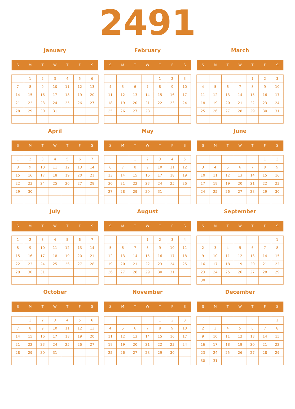 Printable 2491 Year Calendars orange