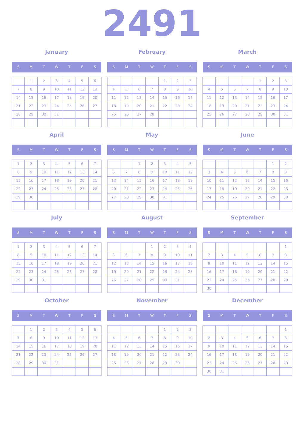 Printable 2491 Year Calendars periwinkle
