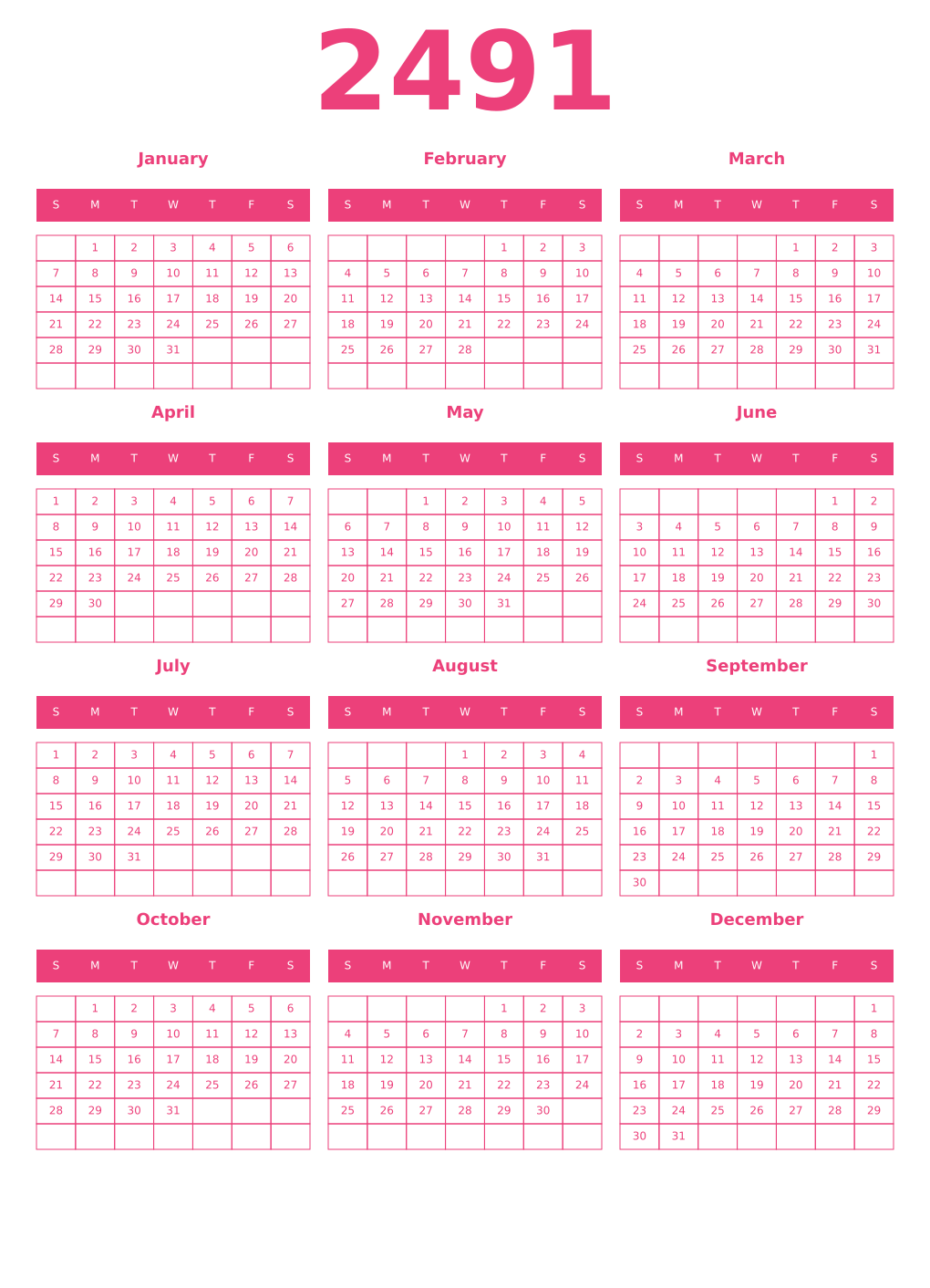 Printable 2491 Year Calendars pink