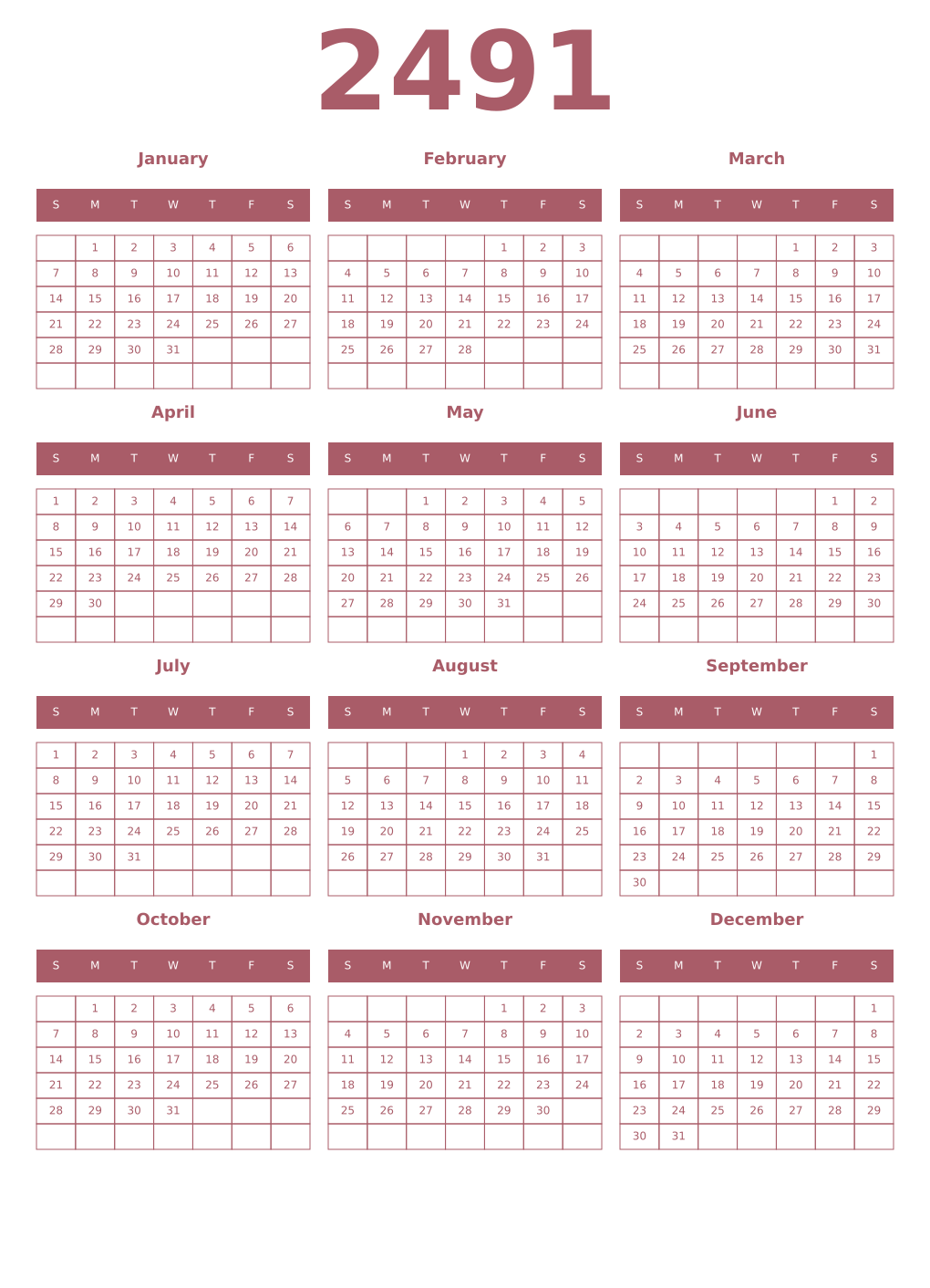 Printable 2491 Year Calendars puce