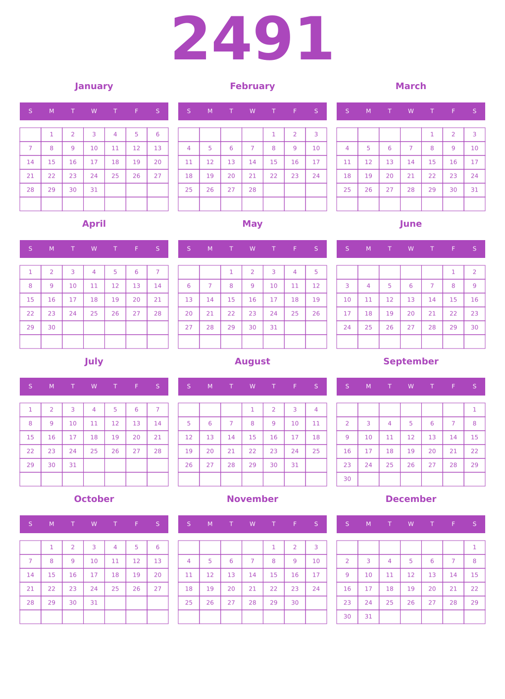 Printable 2491 Year Calendars purple