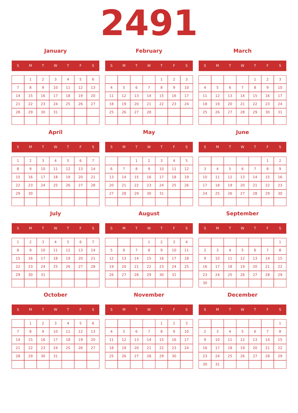 Printable 2491 Year Calendars red