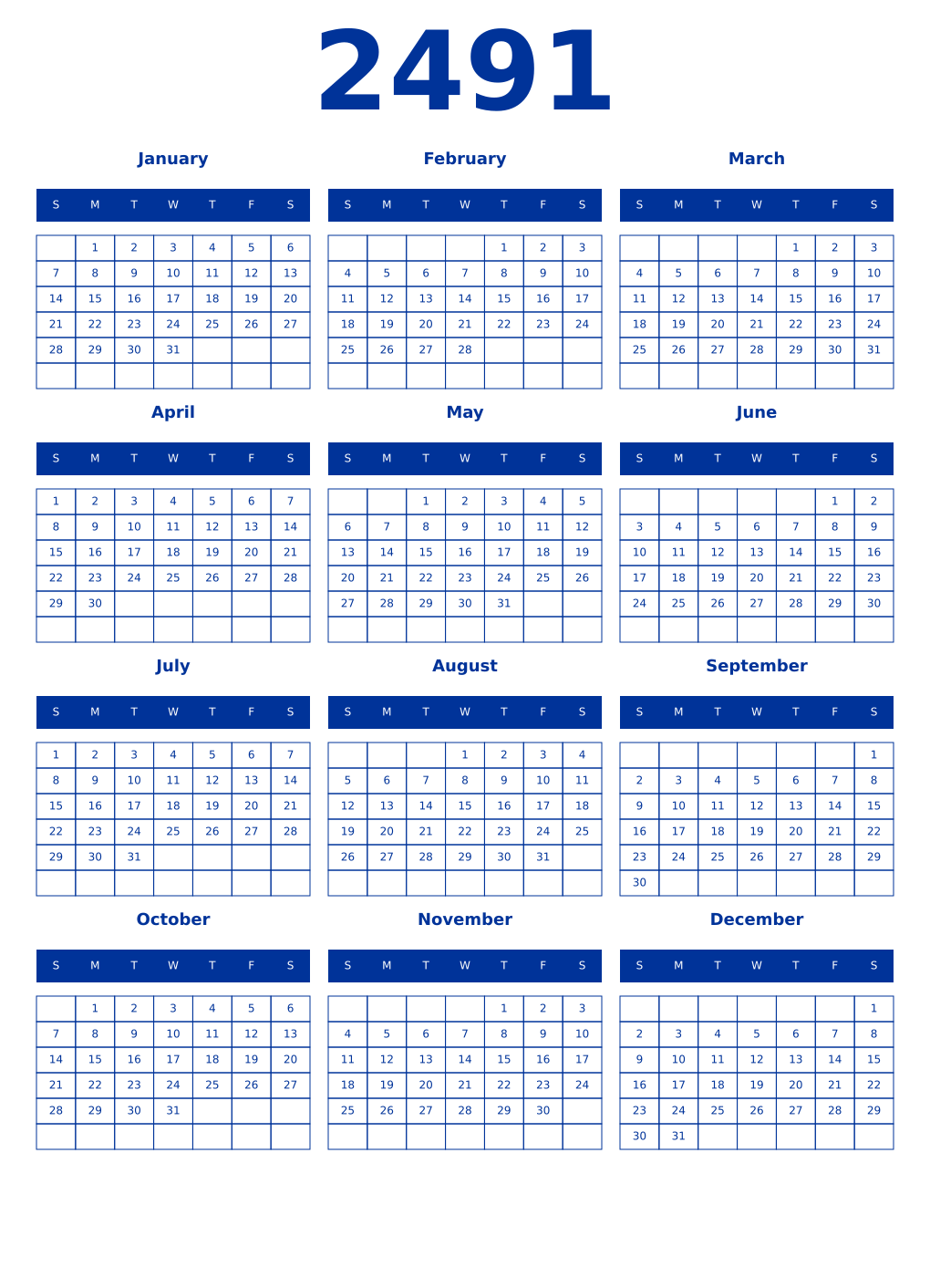 Printable 2491 Year Calendars smalt
