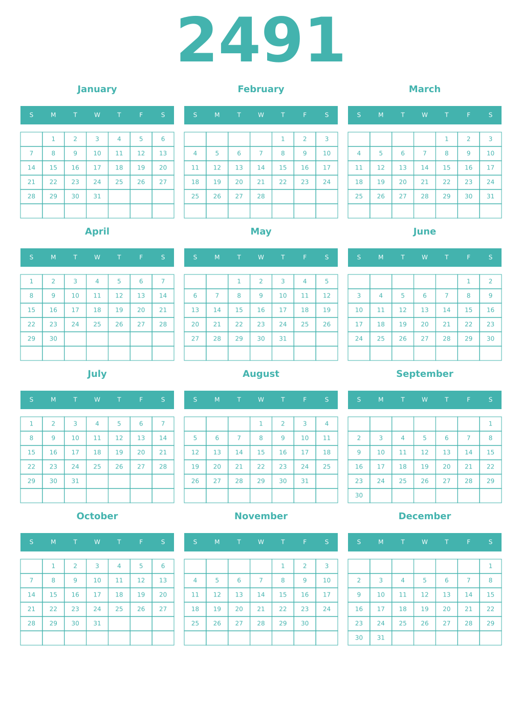 Printable 2491 Year Calendars verdigris